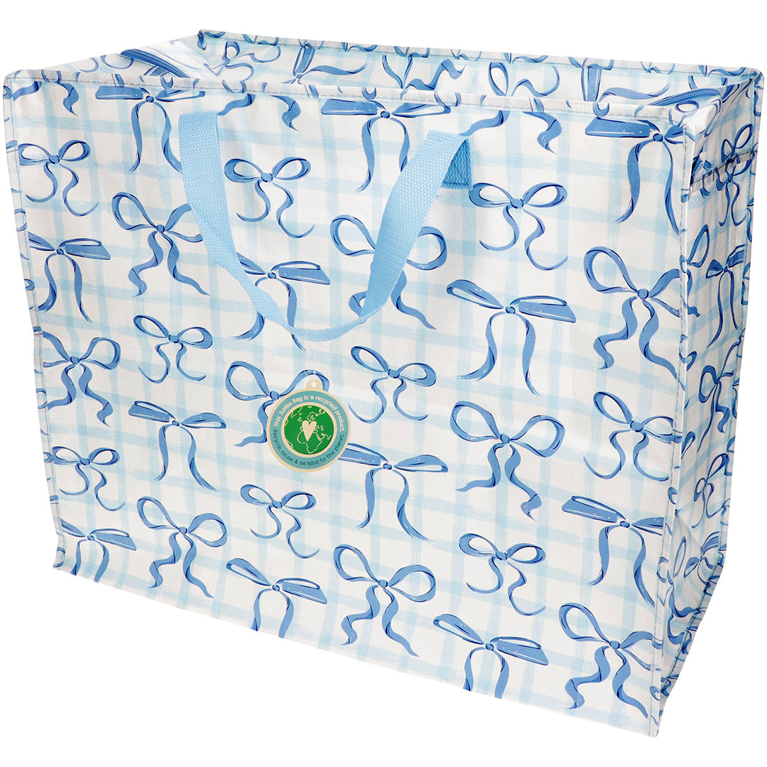 Rex London jumbo opbergtas met blauwe strikken en een geruit patroon.