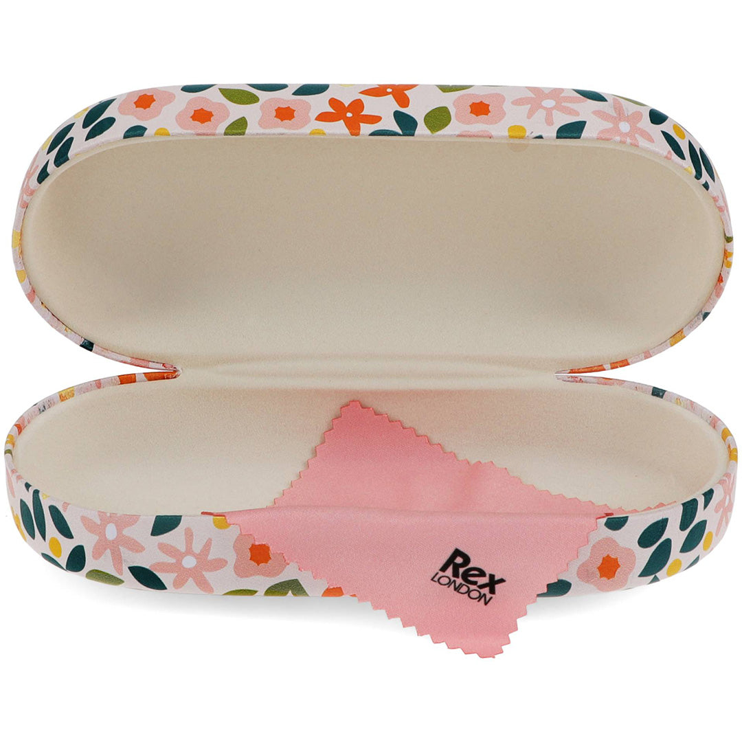Open Rex London brillenkoker met gebloemd patroon en een roze poetsdoekje aan de binnenkant.