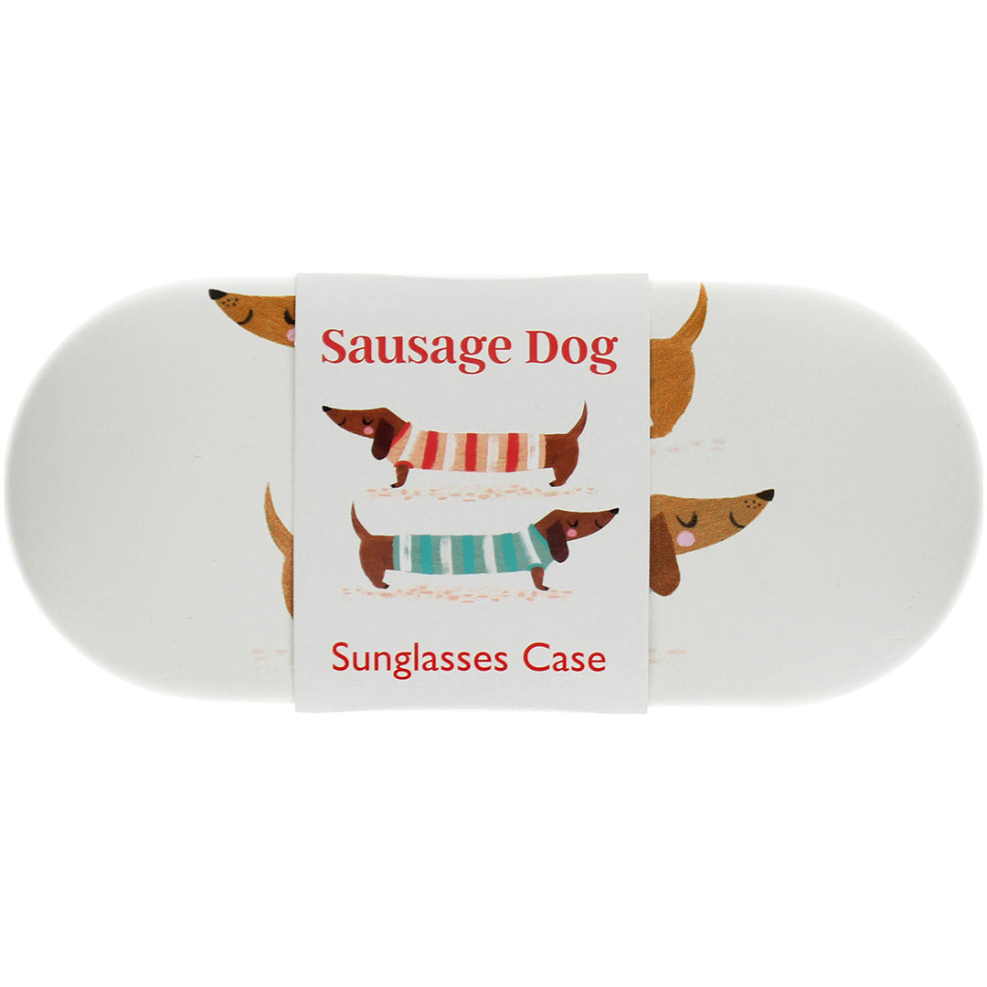Rex London brillenkoker met worstjeshond-thema en een band met de tekst "Sausage Dog Sunglasses Case".
