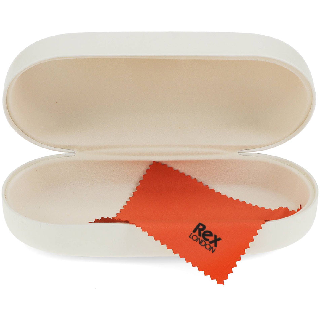 Open Rex London brillenkoker met een oranje poetsdoekje met het Rex London logo erin.