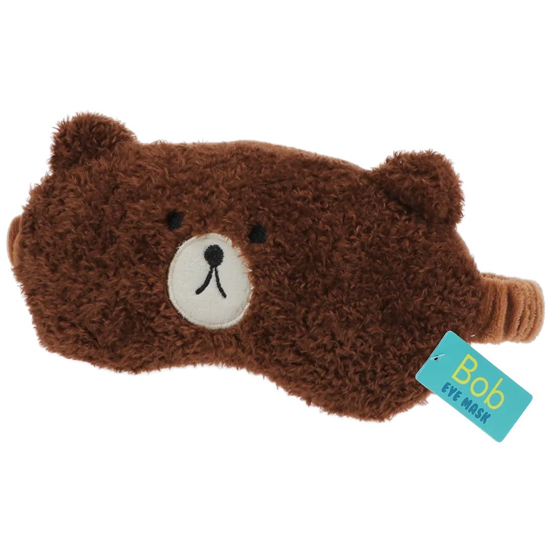 Rex London bruin pluche slaapmasker voor kinderen in de vorm van een beer met productlabel.