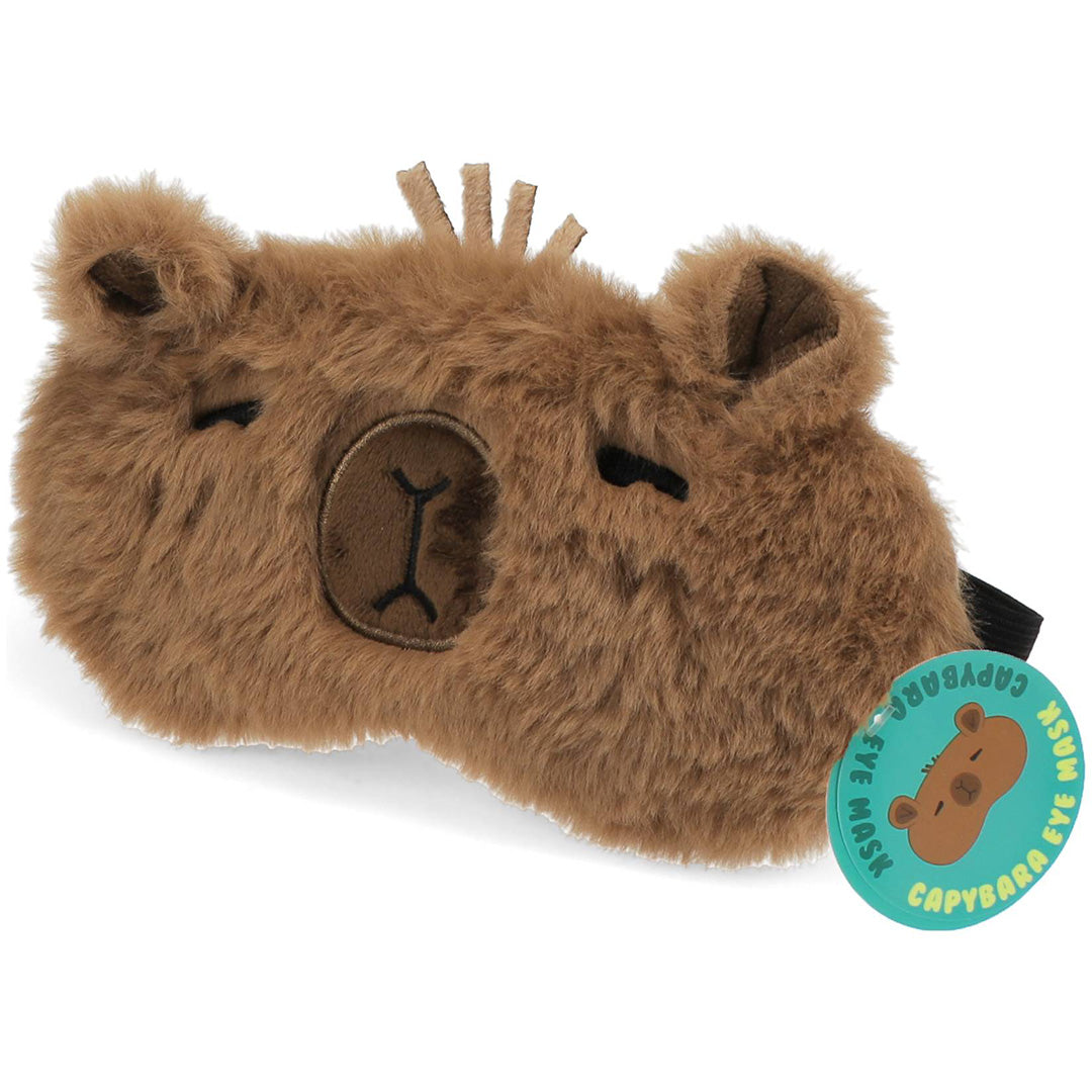 Rex London capybara slaapmasker van bruin pluche met productlabel.