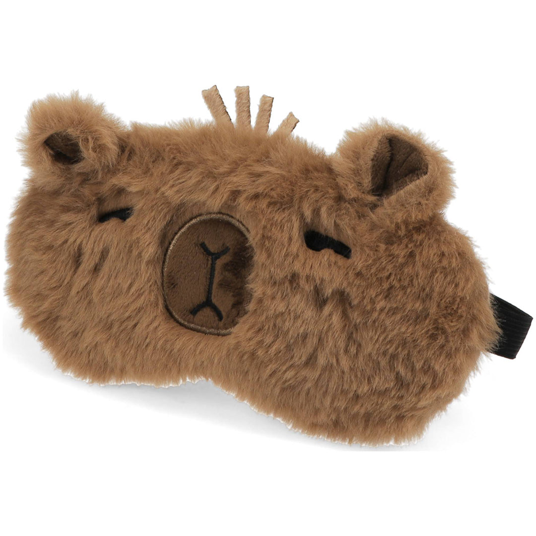 Rex London capybara slaapmasker van bruin pluche, schuin gefotografeerd.