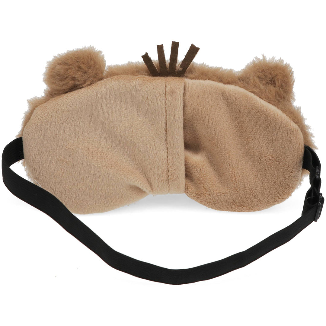 Achterkant van het Rex London capybara slaapmasker met de lichtbruine stof en zwarte elastische band.