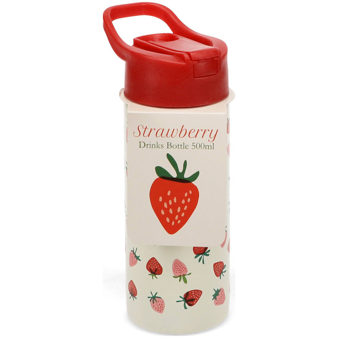 Rex London drinkfles met een papieren band met grote aardbei-illustratie en productinformatie.
