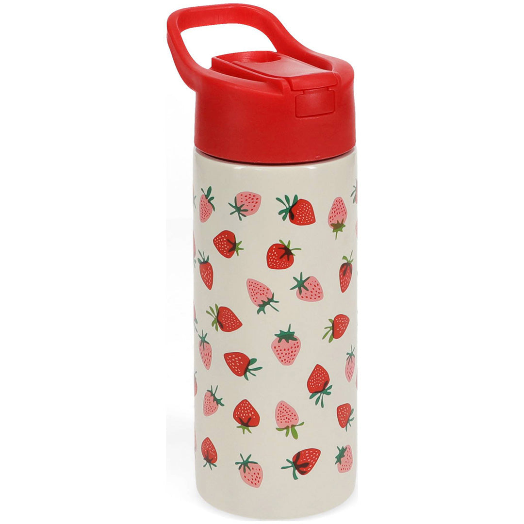 Rex London drinkfles met een patroon van kleine aardbeien en een rode dop.
