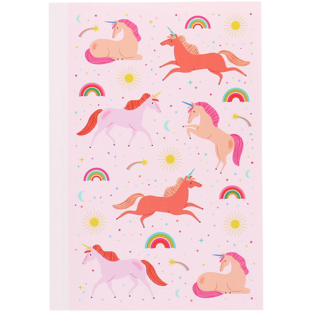 rex london A5 notitieboek met roze kaft en eenhoorn-, regenboog- en sterrenpatroon.