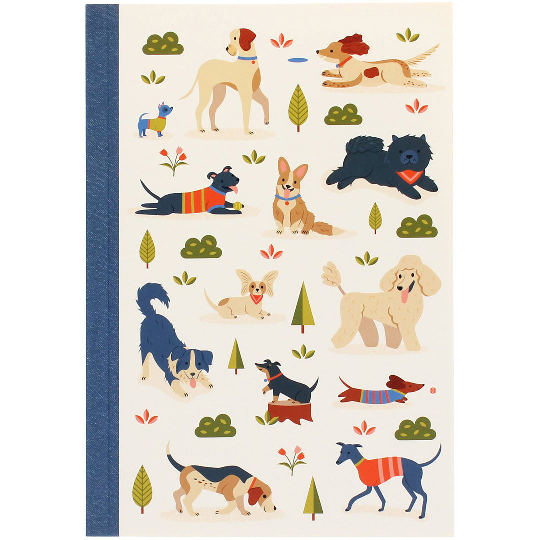 Rex London A5 schrift met een illustratie van verschillende honden in een park.
