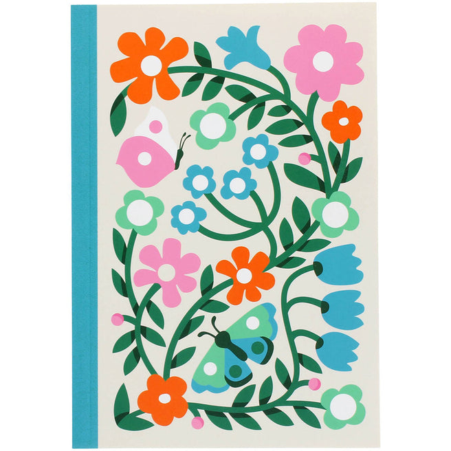 Rex London A5 schrift met een kleurrijk patroon van bloemen en vlinders.