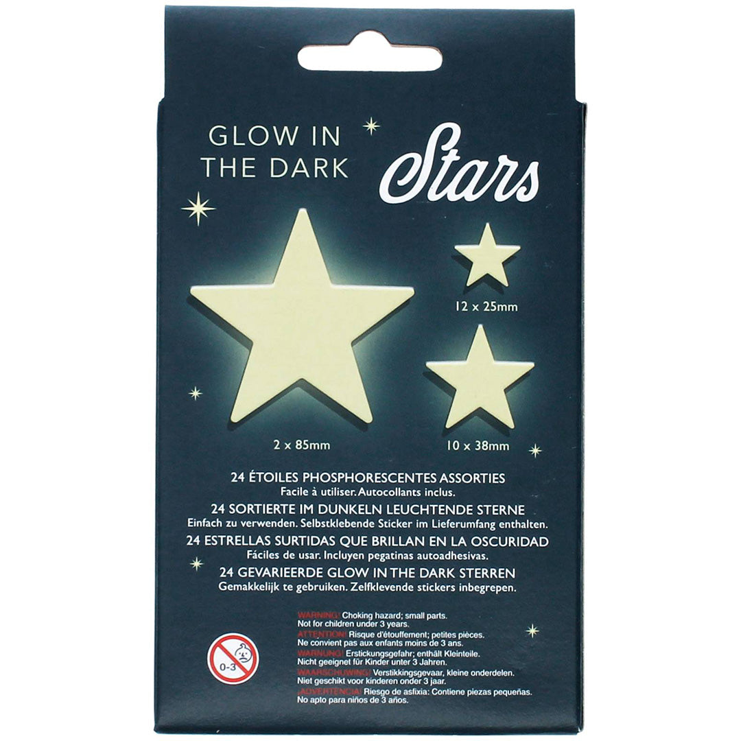 Achterkant van de Rex London verpakking van glow-in-the-dark sterren decoratiestickers met productinformatie.