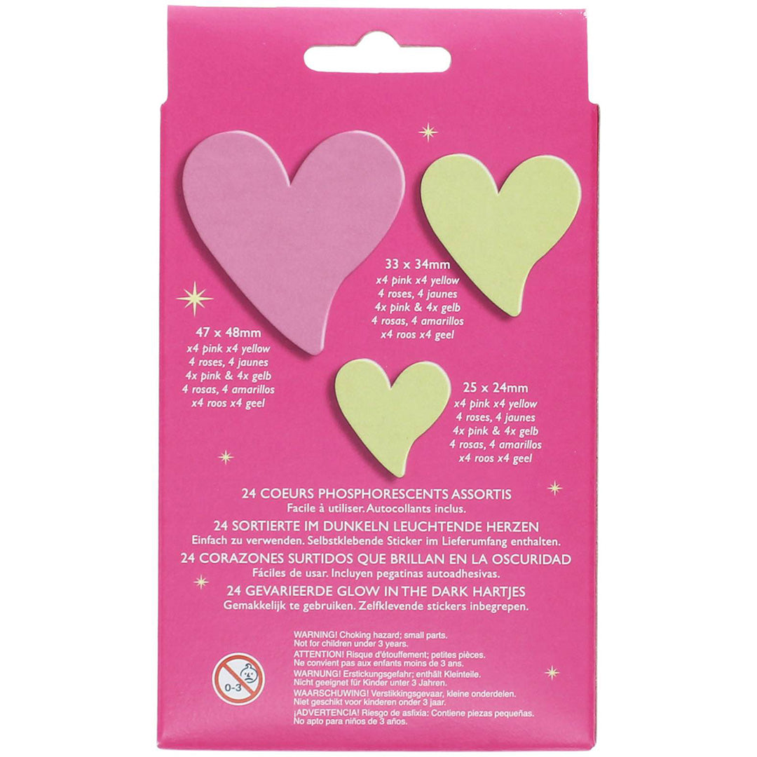 Achterkant van de verpakking van glow-in-the-dark hartjes decoratiestickers met productinformatie.