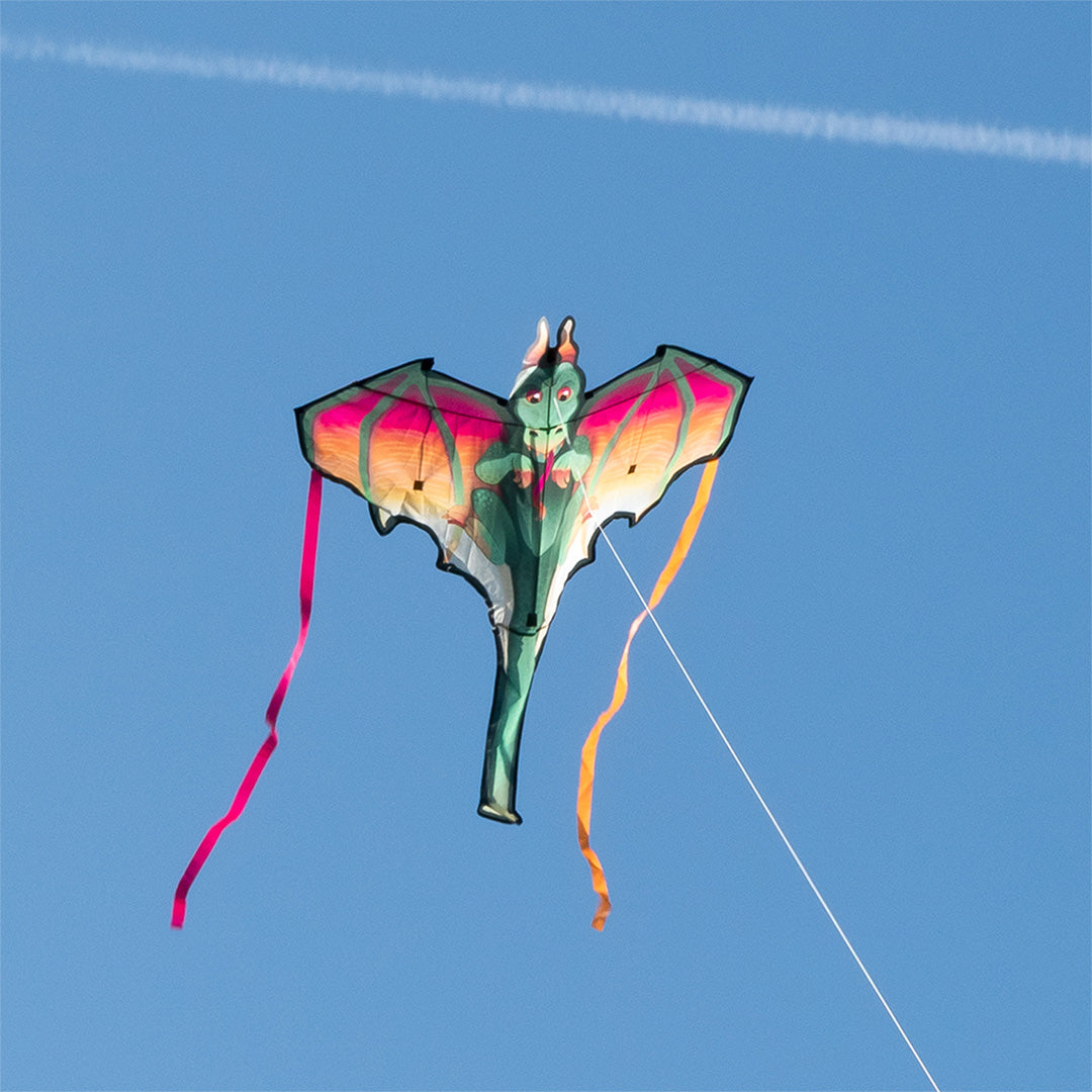Een rex london drakenvlieger vliegt hoog in een helderblauwe lucht.