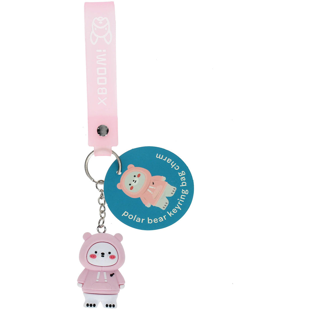 Rex London roze sleutelhanger van een ijsbeerfiguur met polsbandje en een blauw productlabel.
