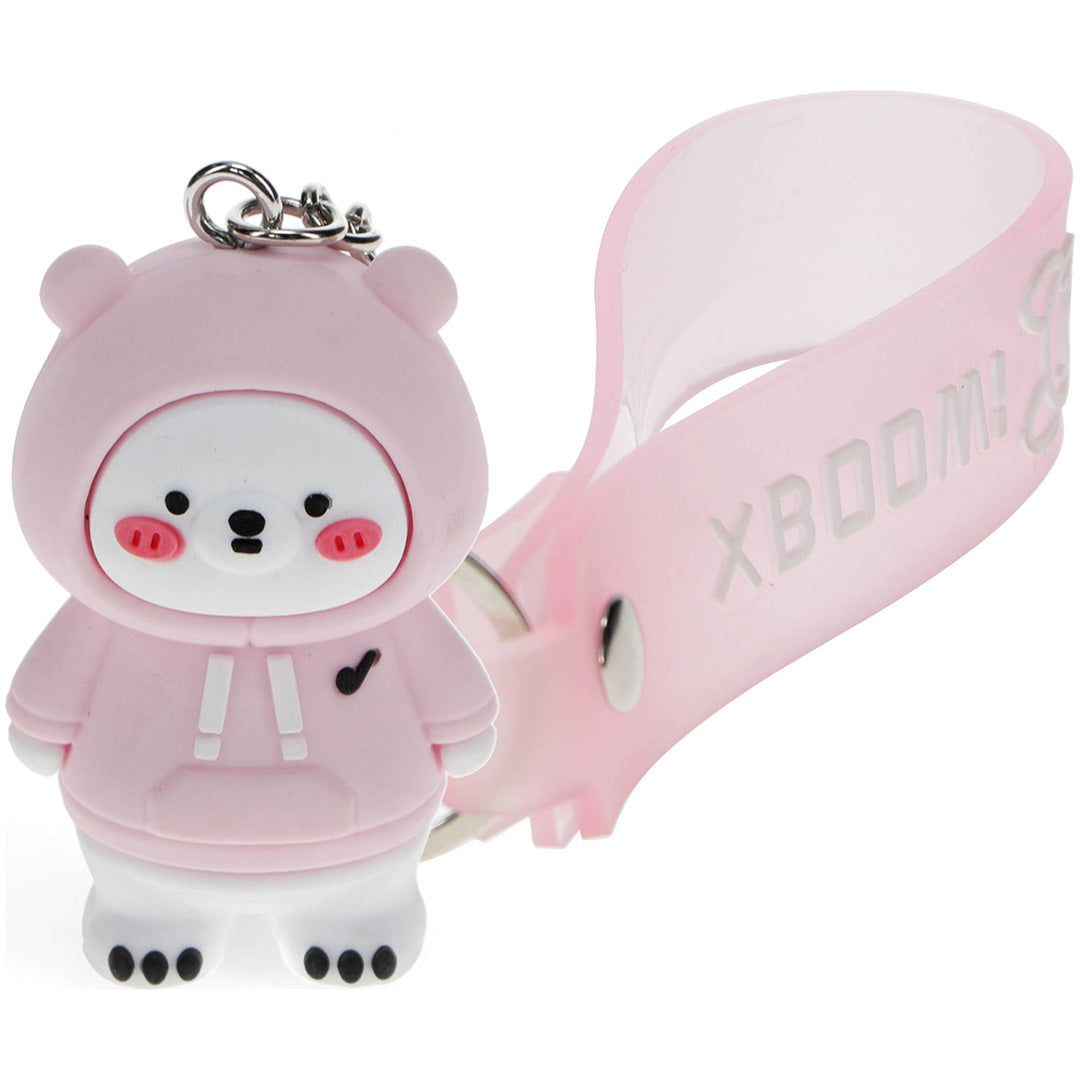 Rex London roze sleutelhanger van een ijsbeerfiguur in een hoodie met een polsbandje.