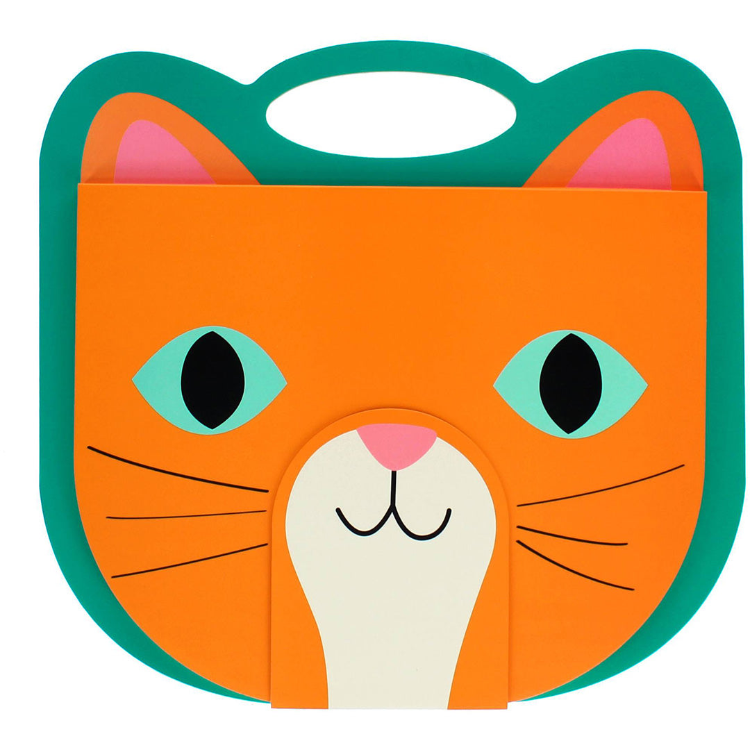 Rex London schetsboek in de vorm van een oranje kattenkop met handvat.