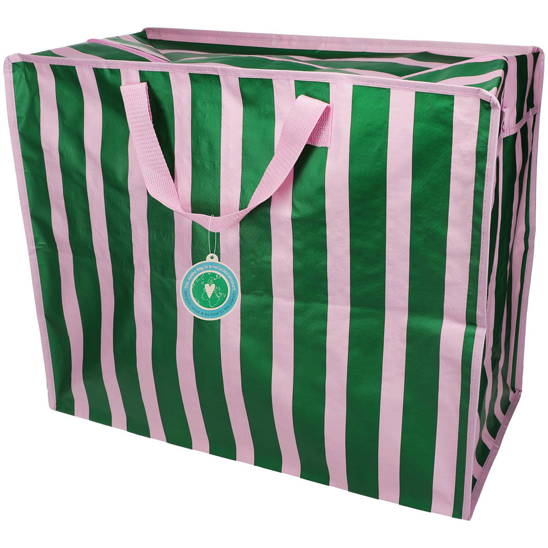 Rex London jumbo opbergtas met verticale roze en groene strepen en roze handvatten.