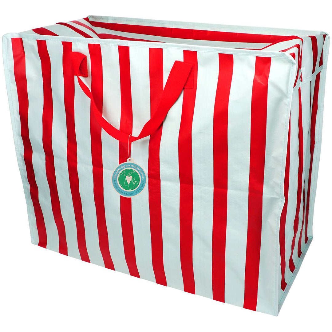 Rex London jumbo opbergtas met rode en lichtblauwe verticale strepen en rode handvatten.
