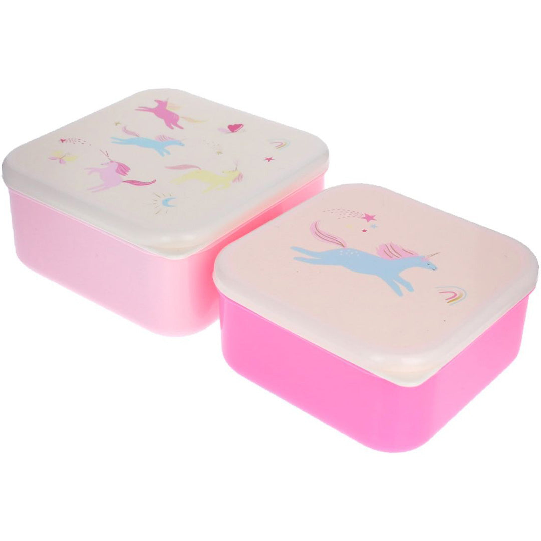 le petit souk broodtrommelset van twee roze plastic lunchboxen met eenhoornfiguren op de deksels.