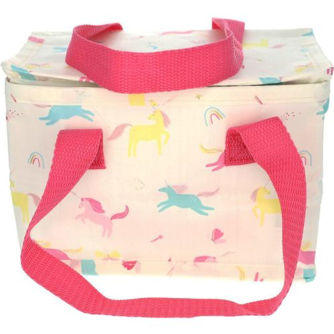 Le petit souk koeltas met eenhoorn- en regenboogpatroon en roze handvatten.