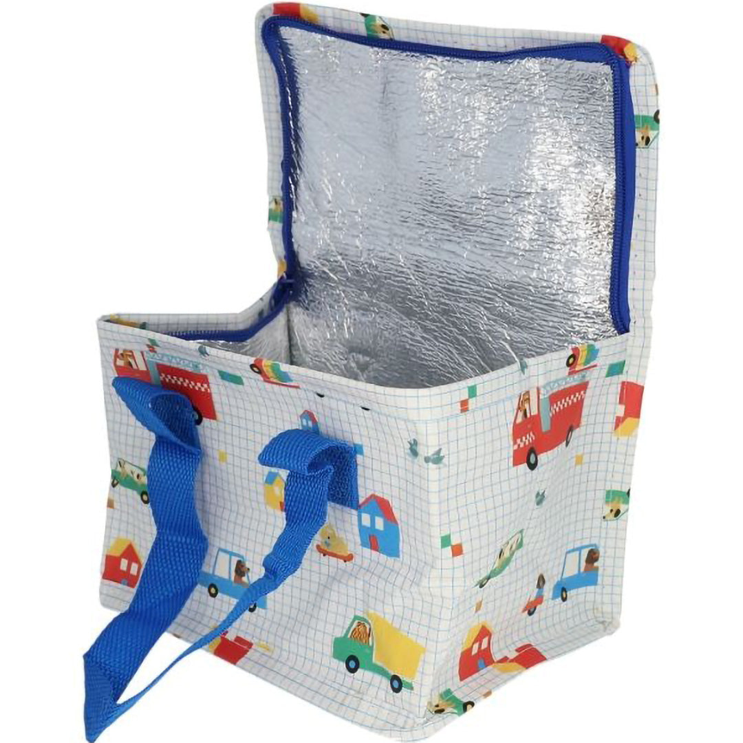 Open le petit souk koeltas met een patroon van voertuigen en honden, met de zilveren isolerende binnenkant zichtbaar.