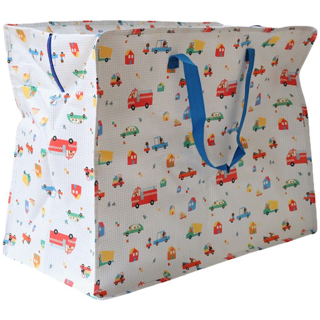 le petit souk jumbo opbergtas met een patroon van voertuigen, huizen en honden.