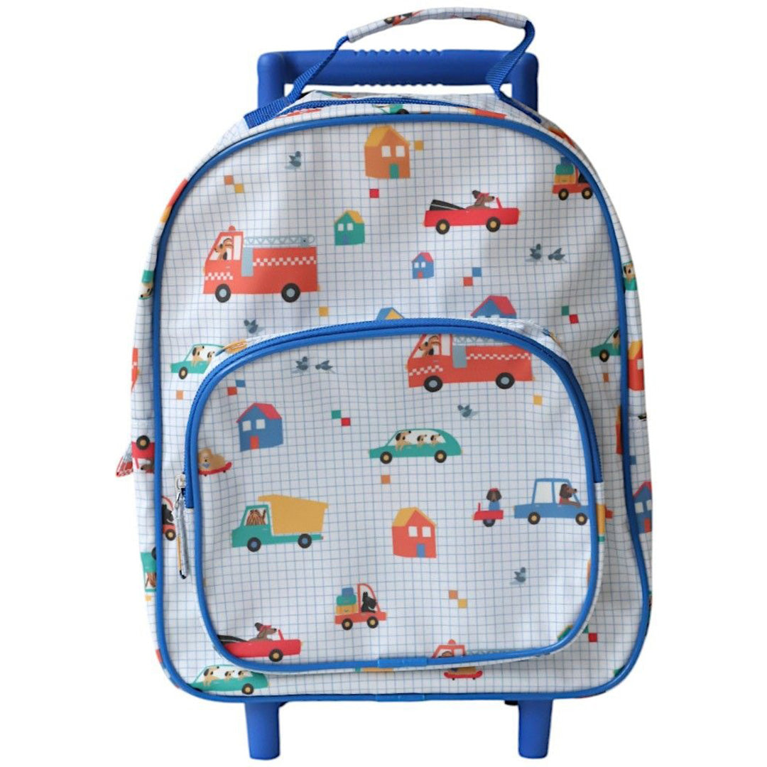 le petit souk kinderkoffer met voertuigen en auto's patroon, vooraanzicht met blauwe details en uitschuifbare hendel.