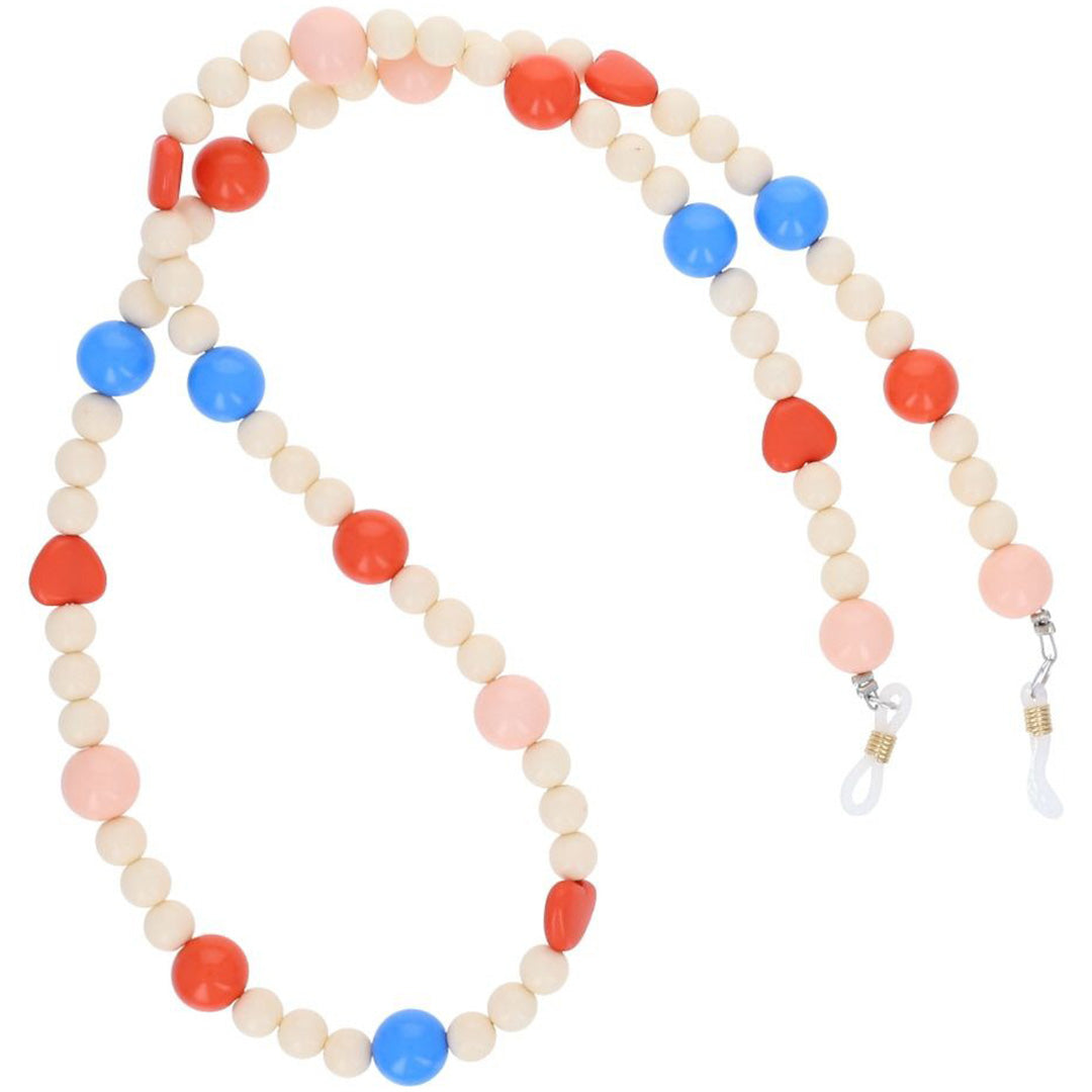 Le petit souk brillenkoord voor kinderen met beige, rode, blauwe en roze kralen en hartjes.