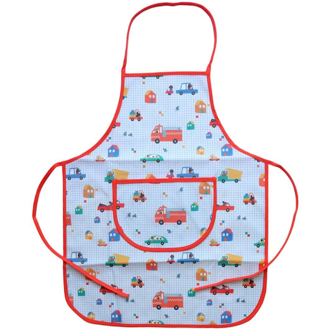 Le petit souk kinderschort met een patroon van voertuigen en huizen.
