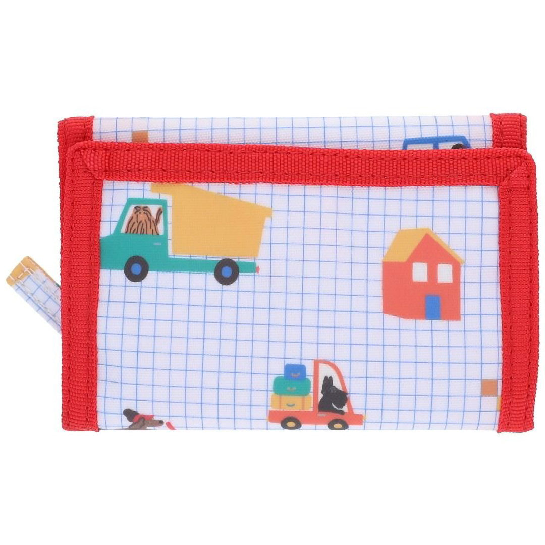 le petit souk kinderportemonnee met een geruit patroon en illustraties van voertuigen en een huis.