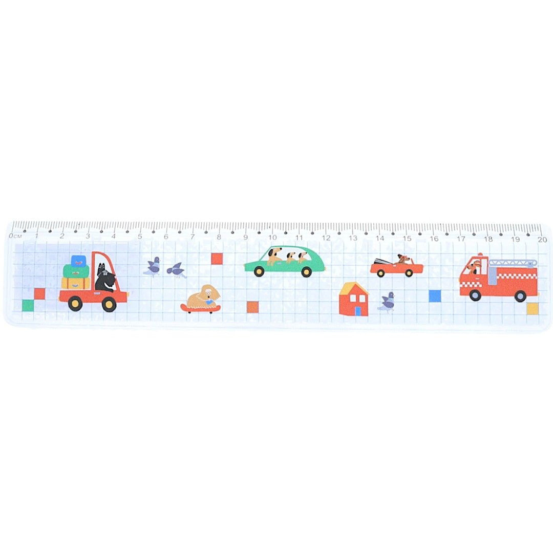 Le petit souk glitter liniaal van 20 cm met illustraties van voertuigen en honden.