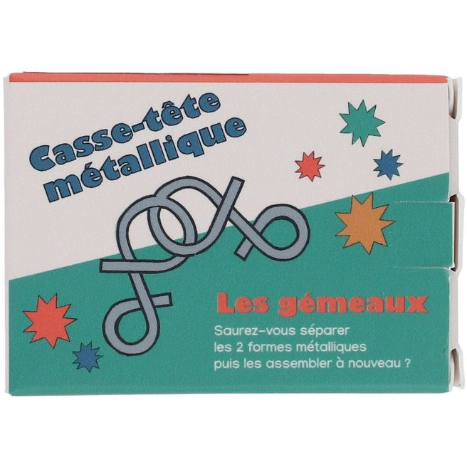 De voorkant van de verpakking van de le petit souk breinbreker 'Les gémeaux' met een illustratie van de in elkaar grijpende metalen puzzel.