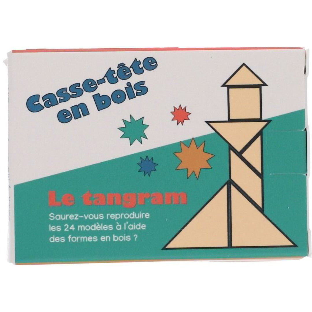 De voorkant van de Le petit souk houten tangram puzzelverpakking met een vuurtorenfiguur gemaakt van puzzelstukken.