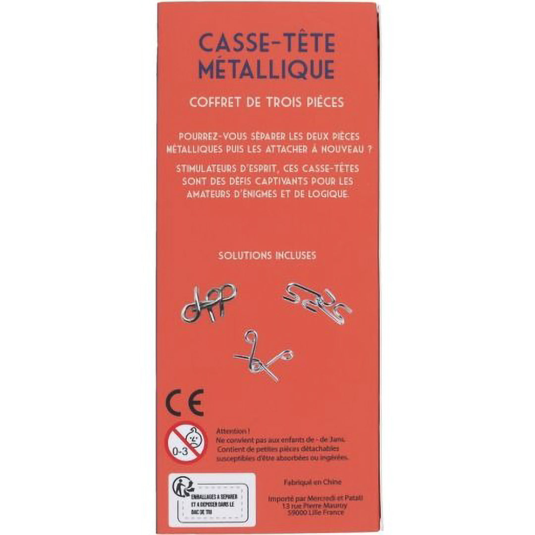 Achterkant van de oranje verpakking van de le petit souk breinbreker trio, met productinformatie en kleine afbeeldingen van de puzzels.