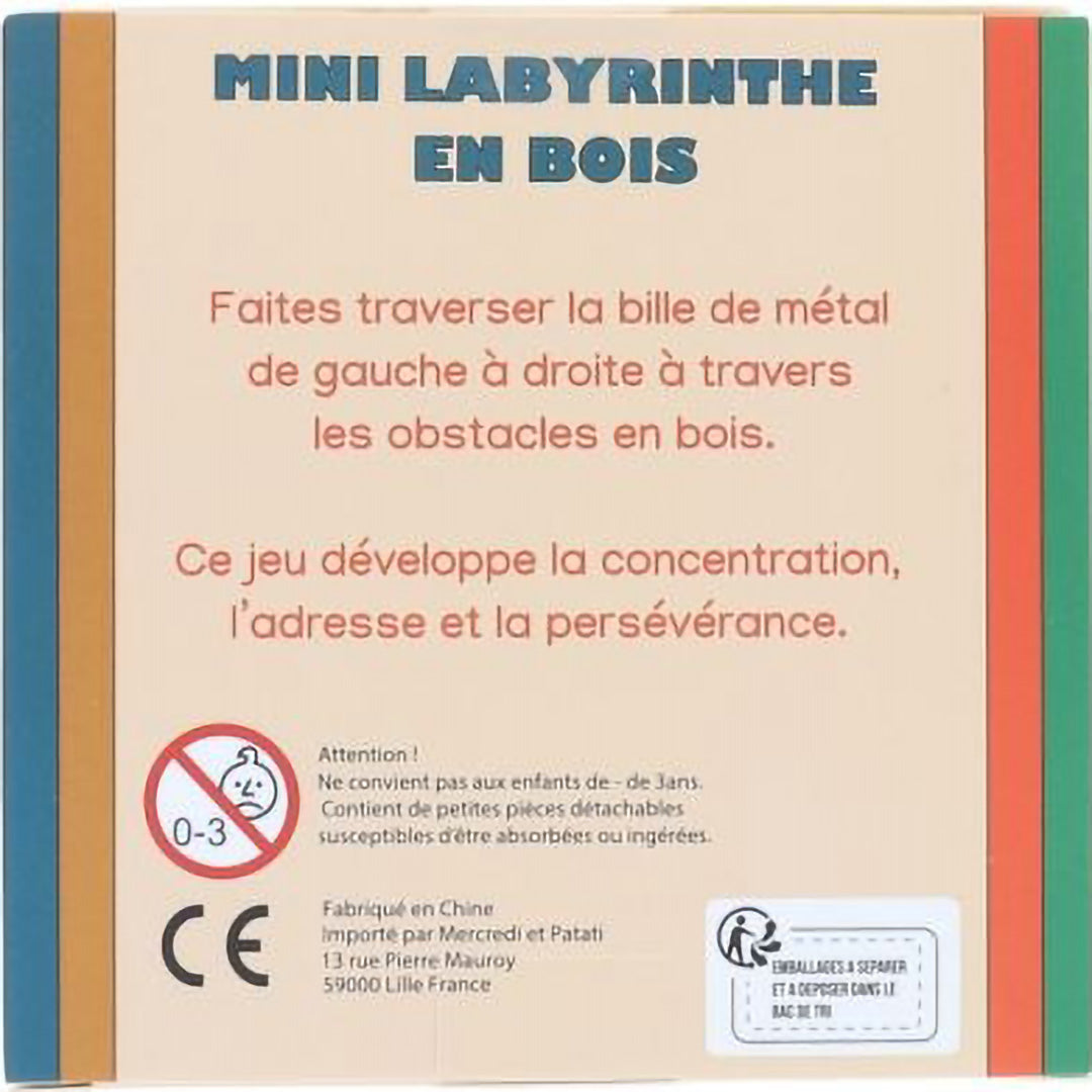 Achterkant van de verpakking van het le petit souk houten doolhof behendigheidsspel, met Franse instructies en waarschuwingen.