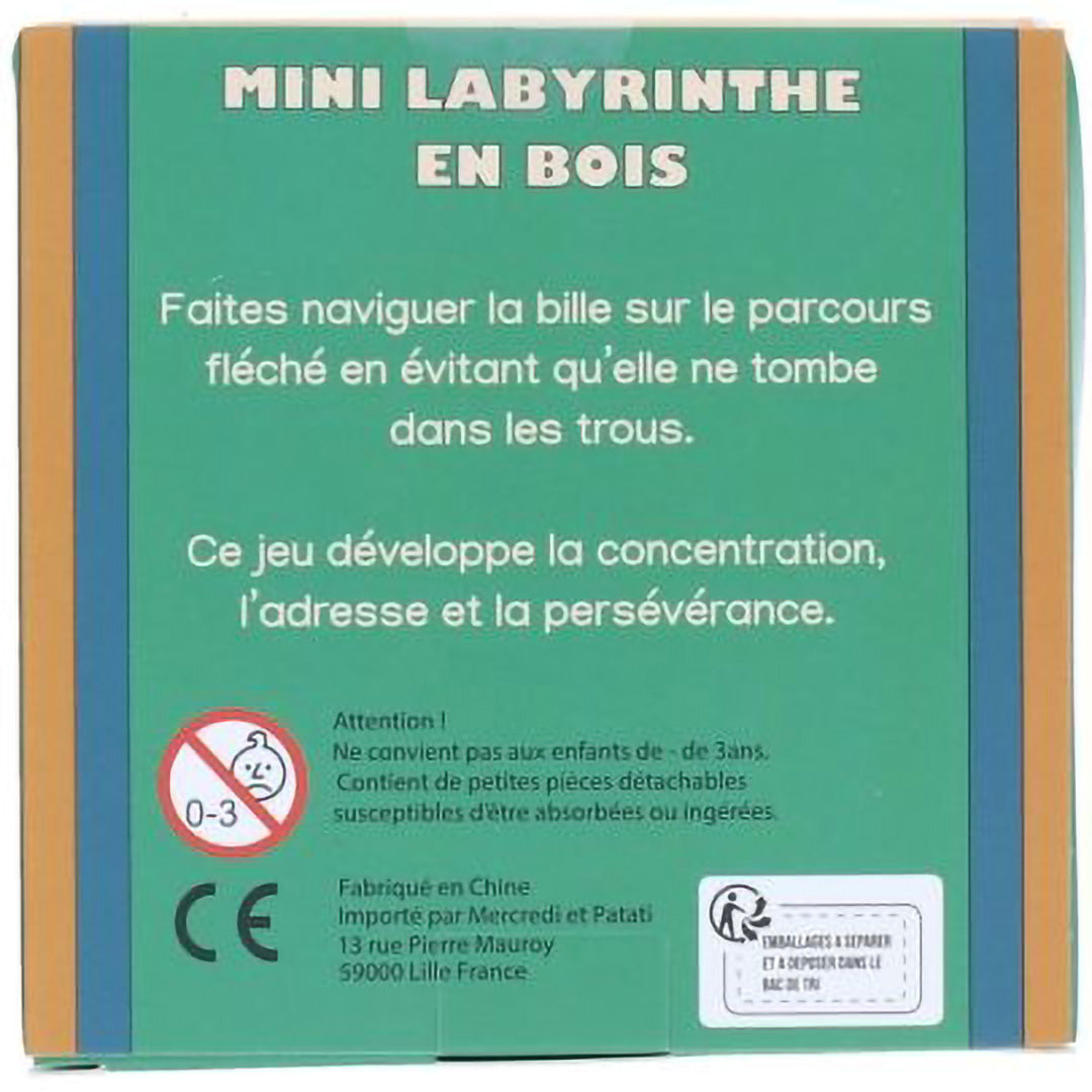 De achterkant van de verpakking van het mini houten doolhof behendigheidsspel met Franse tekst en waarschuwingen.