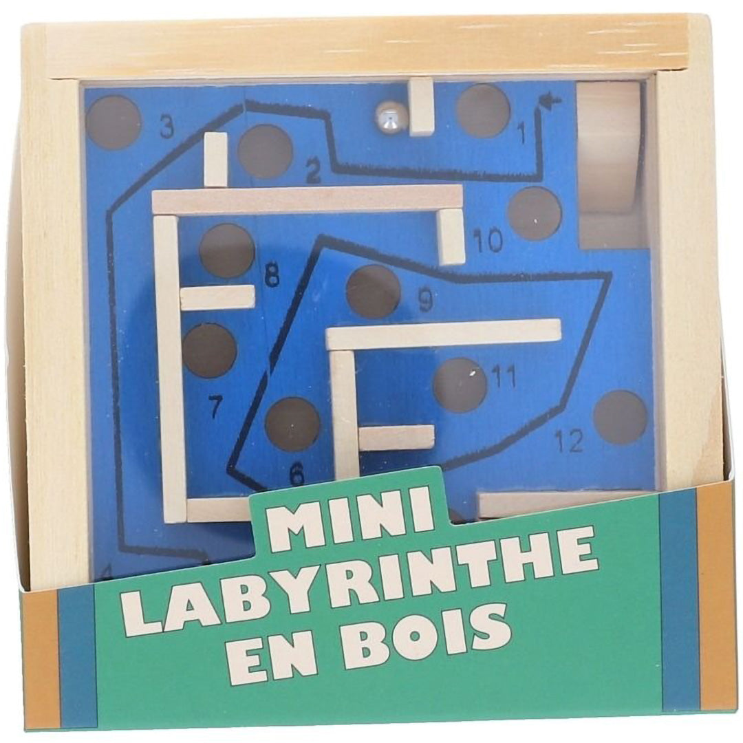 le petit souk houten doolhof behendigheidsspel in de verpakking, met een blauw speelveld en een metalen balletje.