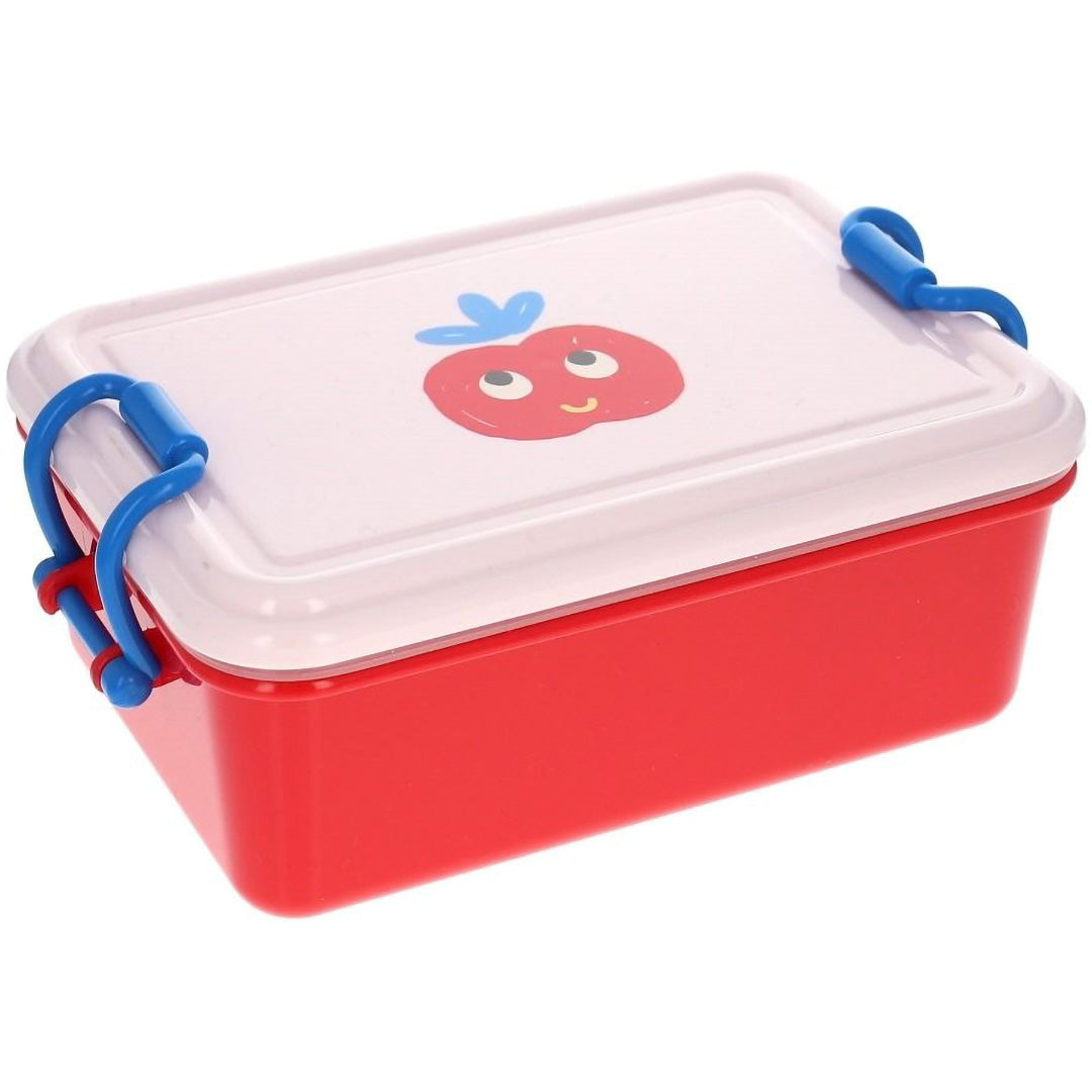 Le petit souk rode plastic snackdoos met witte deksel en een figuur van een rood fruitje.