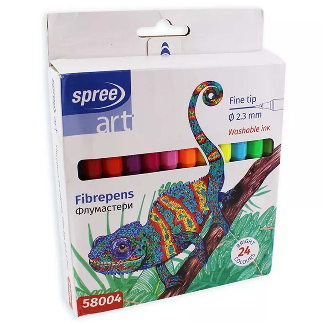 Verpakking van Spree viltstiften met fijne punt, afgebeeld met een kleurrijke kameleon.