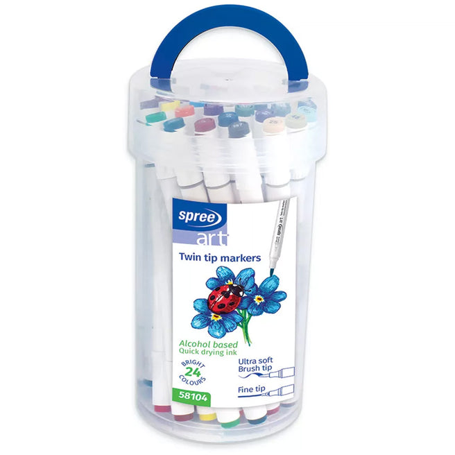 spree art Twin tip markers in een transparante verpakking met blauw handvat, met een etiket van een lieveheersbeestje op bloemen.
