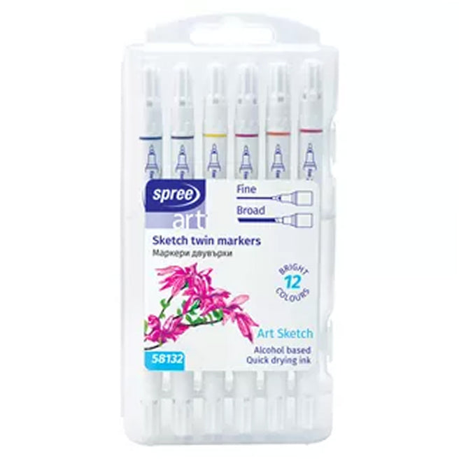 De verpakking van een set Spree alcohol sketch twin markers met fijne en brede punt in 12 kleuren.
