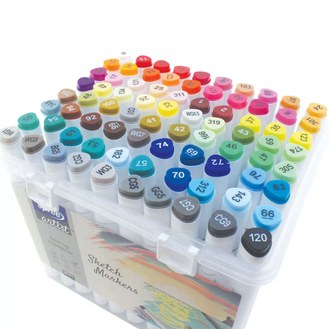Bovenaanzicht van de Spree sketch alcohol markers in de verpakking, met de gekleurde doppen en nummers.