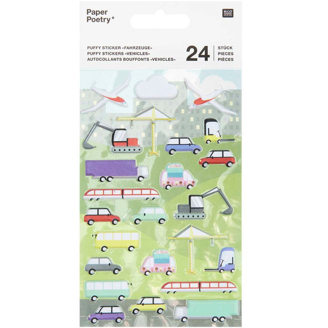 Rico Design verpakking van 24 3D puffy stickers met diverse voertuigen zoals auto's, vliegtuigen en kranen.