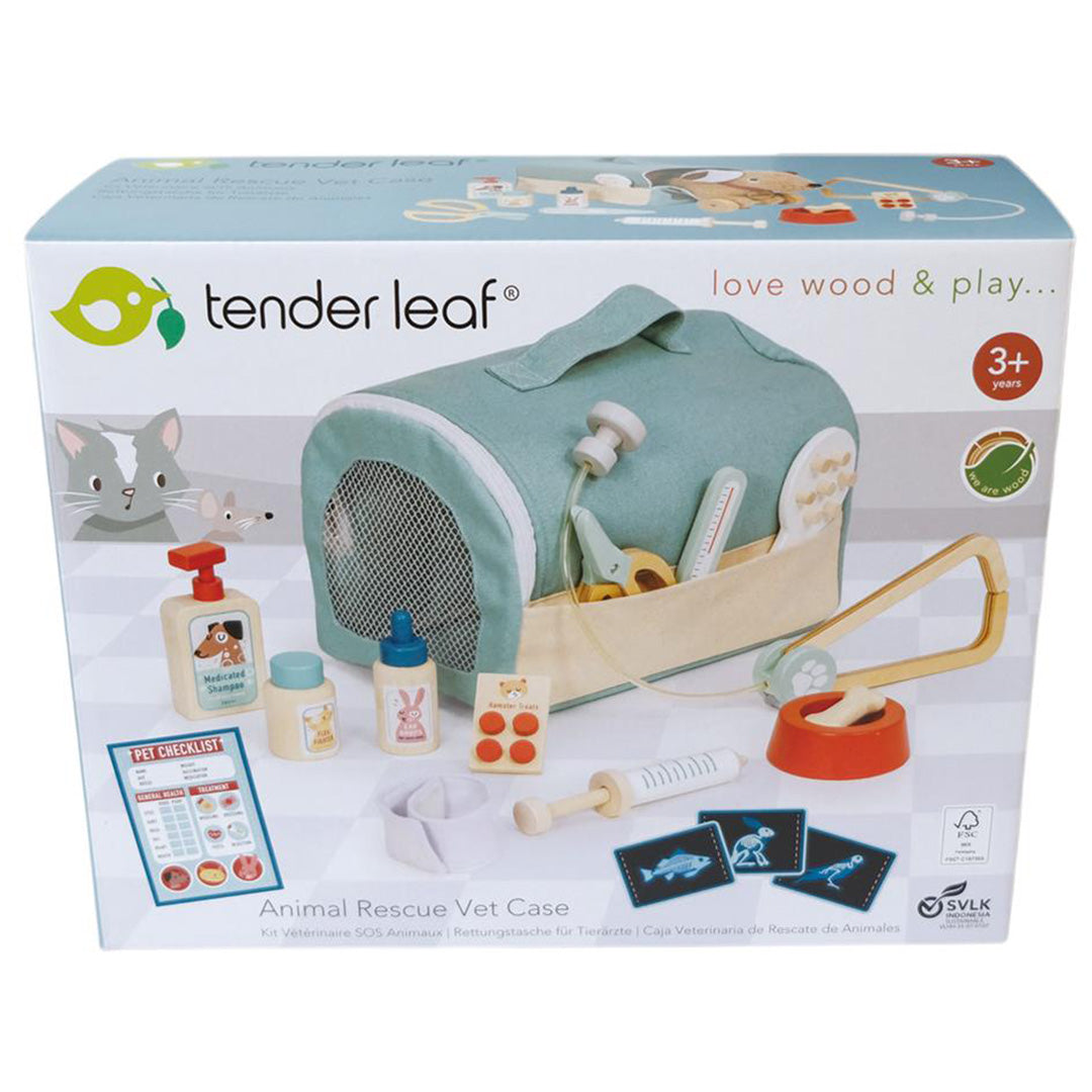 De verpakking van de Tender Leaf Toys dierenarts speelset met afbeelding van de inhoud.
