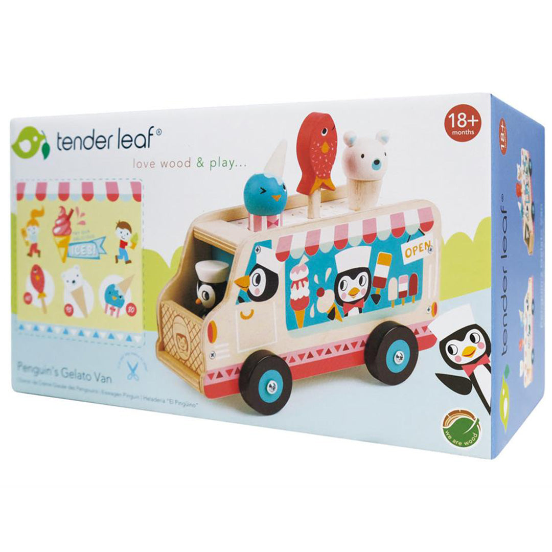 De verpakking van de Tender Leaf Toys houten ijscowagen.