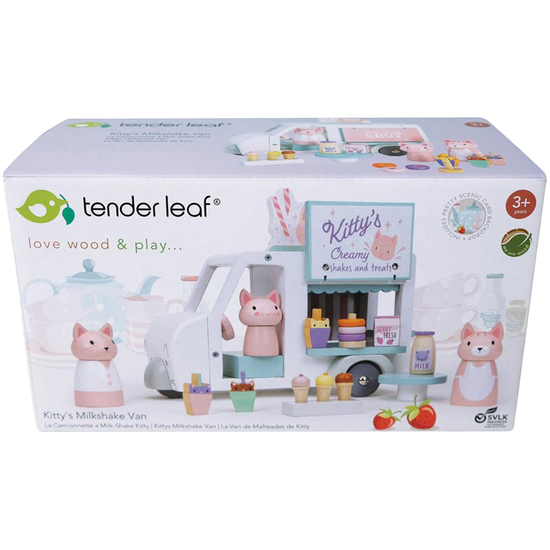 De verpakking van de Tender Leaf Toys Kitty's milkshake wagen speelset.