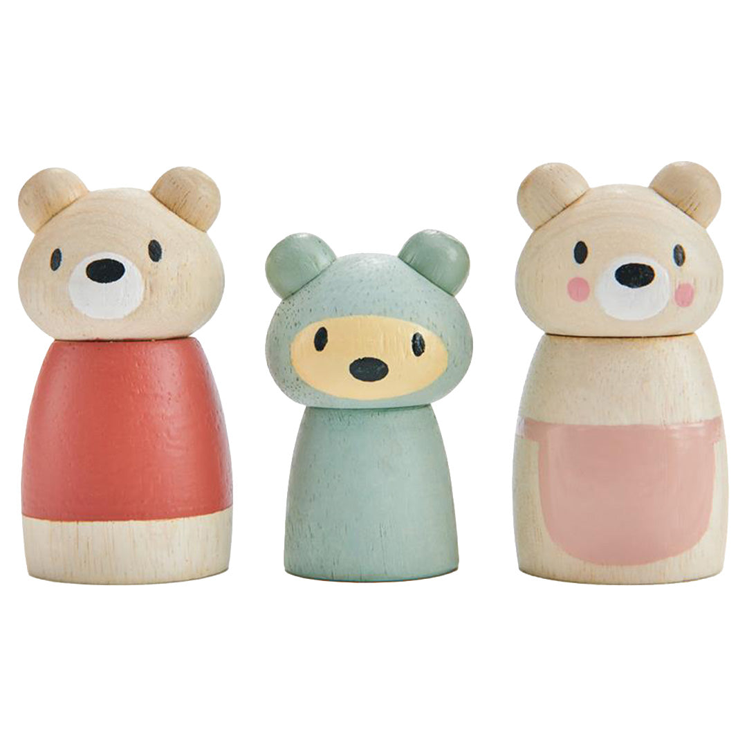 Tender Leaf Toys houten poppenhuisfiguren van een berenfamilie, staand afgebeeld.