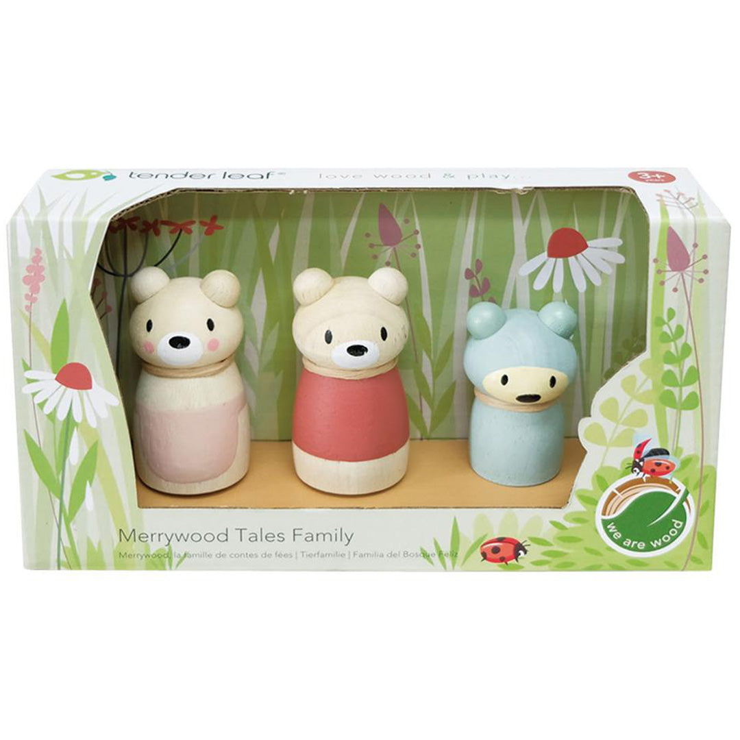 De verpakking van de Tender Leaf Toys houten berenfamilie poppenhuisfiguren, met de drie figuren zichtbaar door een venster.