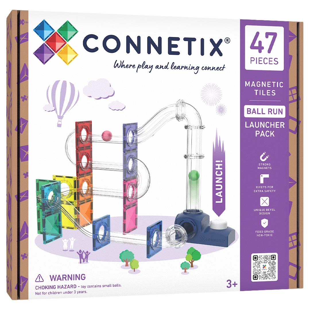 De verpakking van de Connetix magnetische tegels knikkerbaan lanceerset met 47 onderdelen.