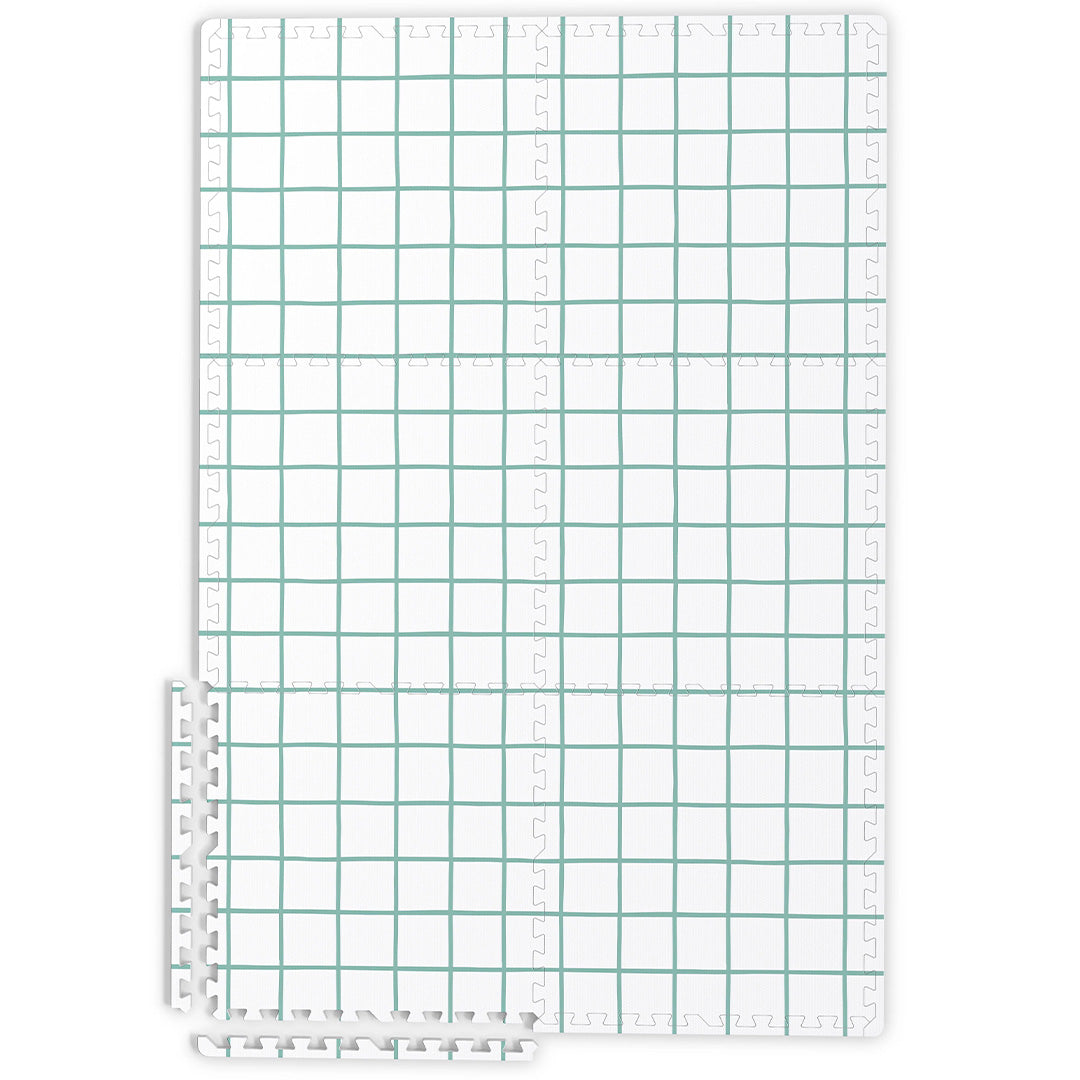 play&go foam speelmat met een wit rasterpatroon, met losse puzzelstukken ernaast.