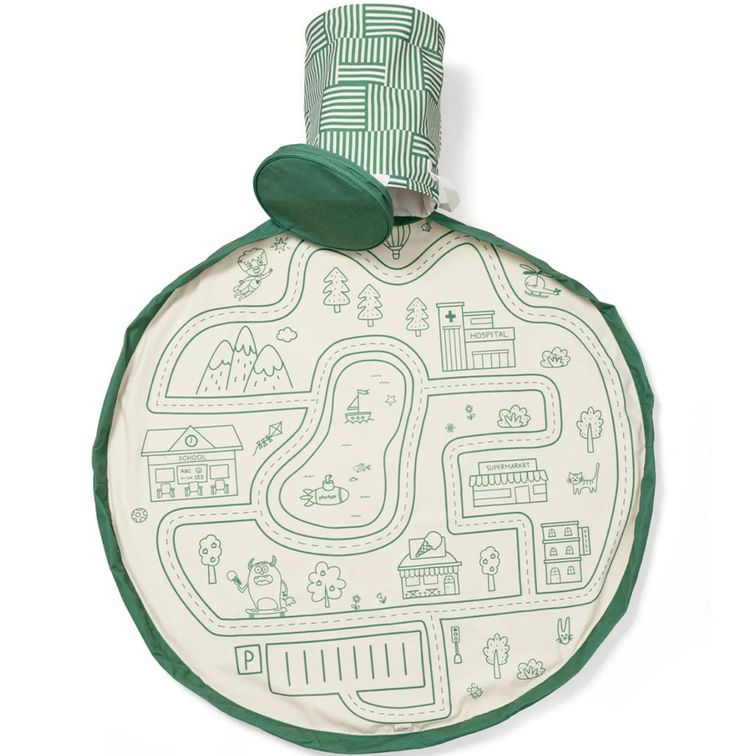 play&go speelkleed en opbergmand met wegenkaart en gebouwen, groen en wit.